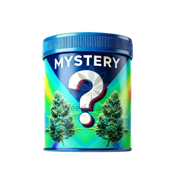 A colorful tin can labeled "Mystery" ounce of weed with a bold question mark in the center. The background features a vibrant blue and green gradient, and two cannabis buds are prominently displayed on either side of the question mark, representing the unknown strains inside.