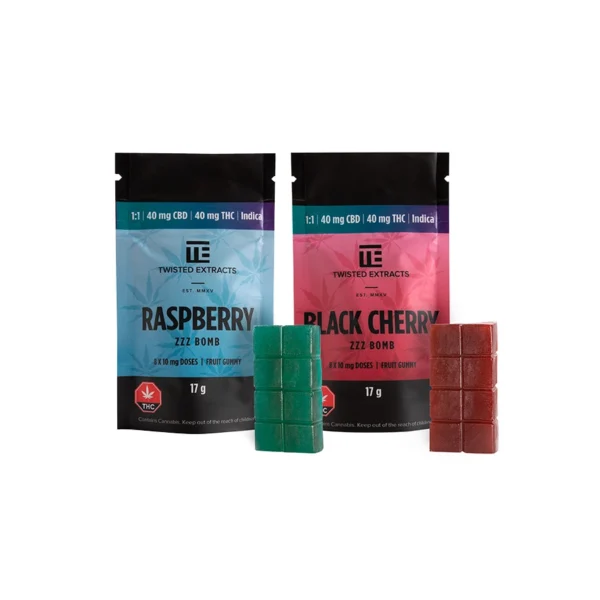 Twisted Extracts ZZZ Bombs Raspberry and Black Cherry 1:1 Indica, featuring 40mg THC and 40mg CBD per gummy. Available for those seeking calm and relaxation at Weed Market