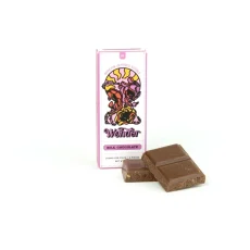 Wonder Psilocybin Milk Chocolate Bar 1g with two milk chocolate pieces beside the packaging