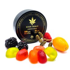 High Heals Edibles Liquid Centre THC Gummies from Weed Market with assorted fruit flavors and a black tin labeled 300mg THC