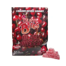 Burn Bites cannabis-infused gummies in Black Cherry flavor, 500mg extra-strength package with vibrant cherry graphics and red gummy squares.