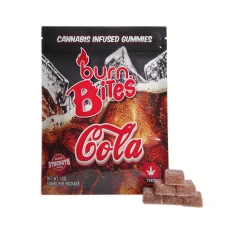 Burn Bites cannabis-infused gummies in Cola flavor, 500mg extra-strength package featuring fizzy cola visuals and brown gummy squares.
