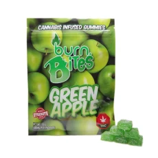 Burn Bites cannabis-infused gummies in Green Apple flavor, 500mg extra-strength package with crisp green apple imagery and matching green gummy squares.