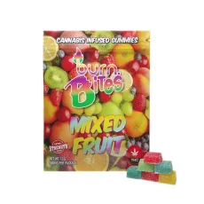 Burn Bites cannabis-infused gummies in Mixed Fruit flavor, 500mg extra-strength package showcasing an array of fruits and colorful gummy squares.