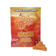 Burn Bites cannabis-infused gummies in Orange Soda flavor, 500mg extra-strength package with fizzy orange visuals and orange gummy squares.