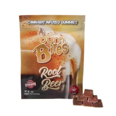 Burn Bites cannabis-infused gummies in Root Beer flavor, 500mg extra-strength package showcasing creamy root beer foam and brown gummy squares.