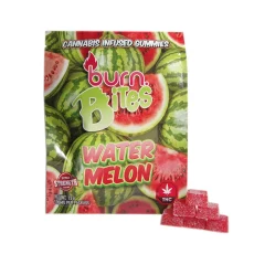 Burn Bites cannabis-infused gummies in Watermelon flavor, 500mg extra-strength package featuring fresh watermelon imagery and red gummy squares.
