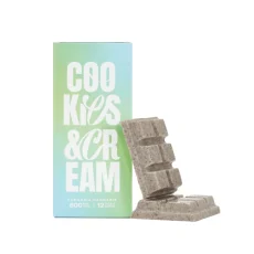 Euphoria Psychedelics THC Cookies and Cream Chocolate Bar with light green and blue packaging, showcasing a piece of cookies-and-cream chocolate