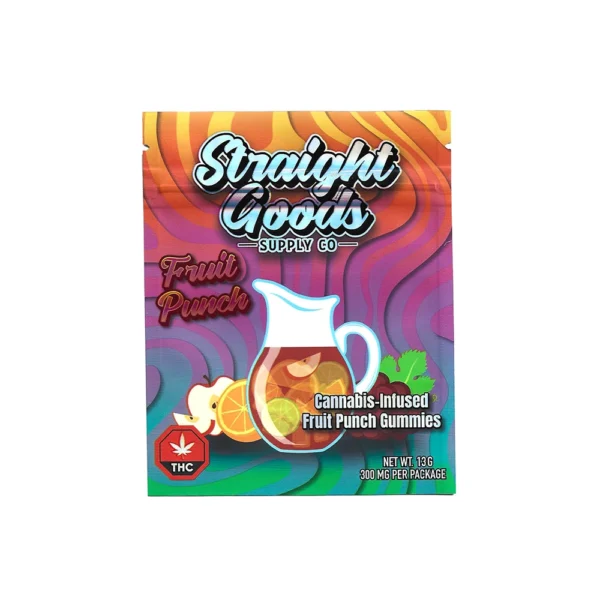 Straight Goods Supply Co 300mg Gummies in packaging with vibrant colorful design and fruit imagery