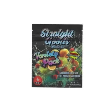 Straight Goods Supply Co Variety Pack of cannabis-infused fruit punch gummies in 500mg packaging, featuring vibrant fruit imagery on a black background