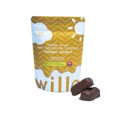 A bag of Willo cannabis-infused milk chocolate-covered caramel crunch labeled for daytime (sativa), featuring a yellow theme with a sun design, with two chocolate pieces displayed beside the bag.