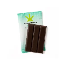 Kush Kitchen Mint chocolate bar unwrapped showing smooth dark chocolate with 200mg THC on teal packaging.