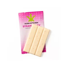 Kush Kitchen Strawberry chocolate bar unwrapped showing creamy white chocolate with strawberry bits and 200mg THC on pink packaging.