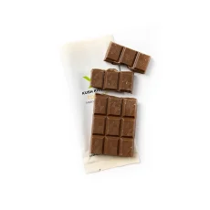 Unwrapped Kush Kitchen Toffee THC Chocolate Bar Milk chocolate with crunchy toffee pieces broken into squares on its wrapper