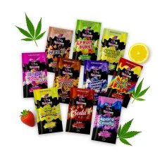 A collection of 10 various Major League Extraction Vapes on white background surrounded by green cannabis leaves, orange slice and a strawberry