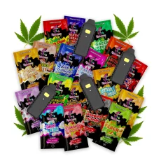 A collection of 25 various Major League Extraction Vapes on white background surrounded by green cannabis leaves, orange slice and a strawberry