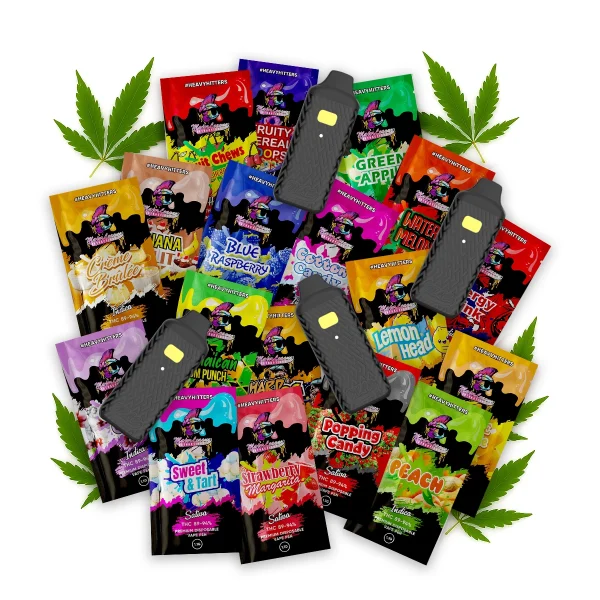 A collection of 25 various Major League Extraction Vapes on white background surrounded by green cannabis leaves, orange slice and a strawberry