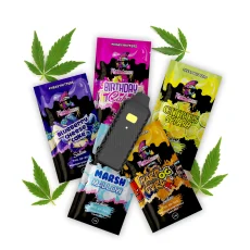 A collection of various Major League Extraction Vapes on white background surrounded by green cannabis leaves
