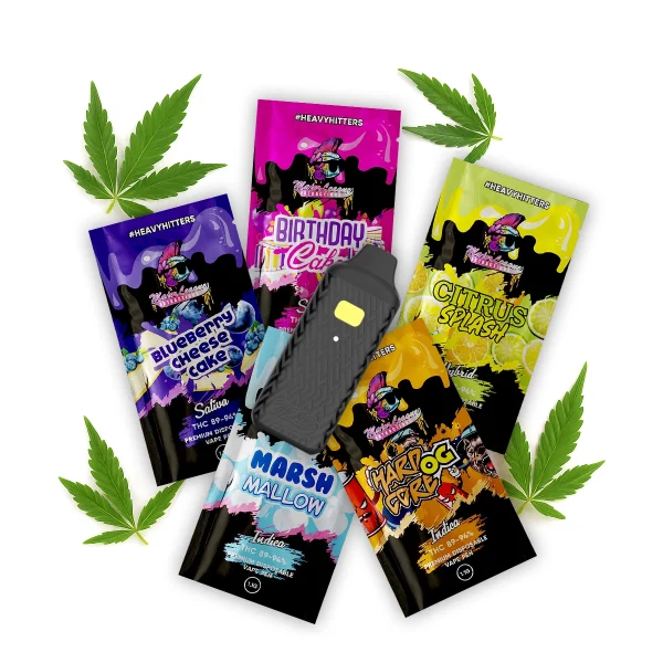A collection of various Major League Extraction Vapes on white background surrounded by green cannabis leaves