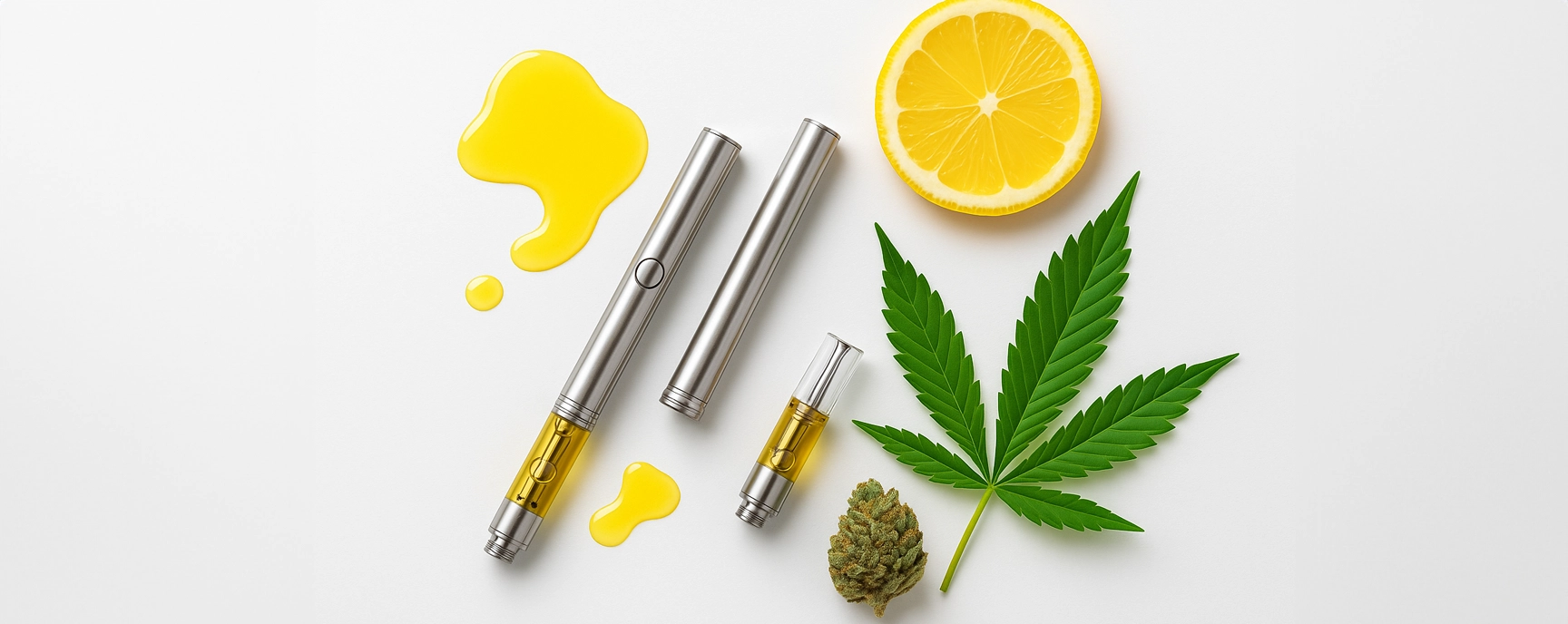 510 thread battery surrounded by cannabis leaf, oil drop, and lemon slice on a white background