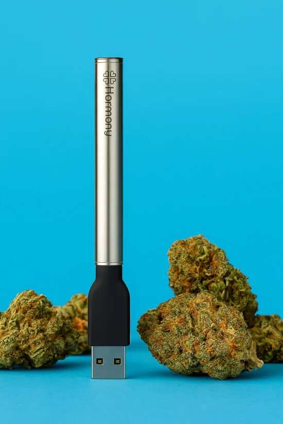510 thread battery standing upright with cannabis buds on bright blue background