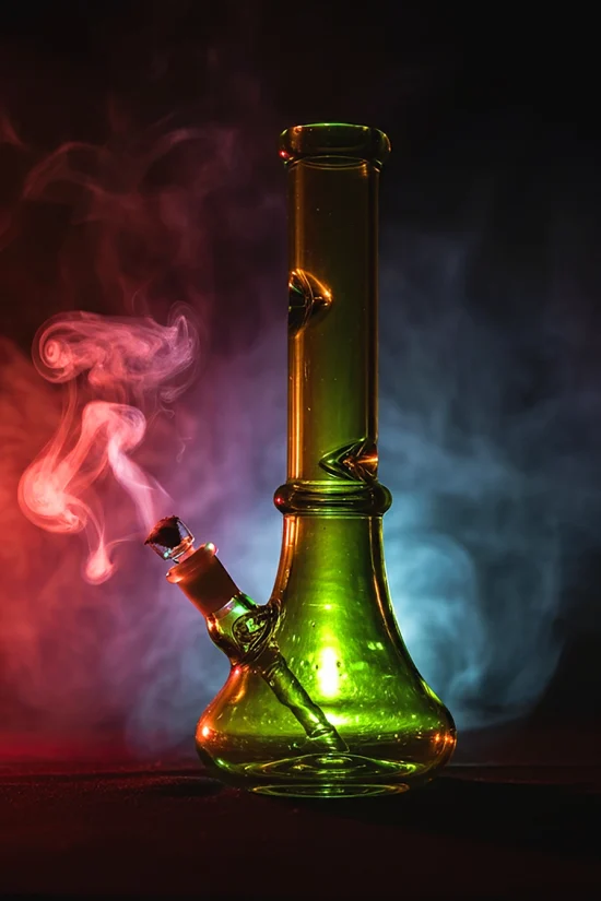 Green glass bong with smoke rising, set against a smoky backdrop in a bong shop.