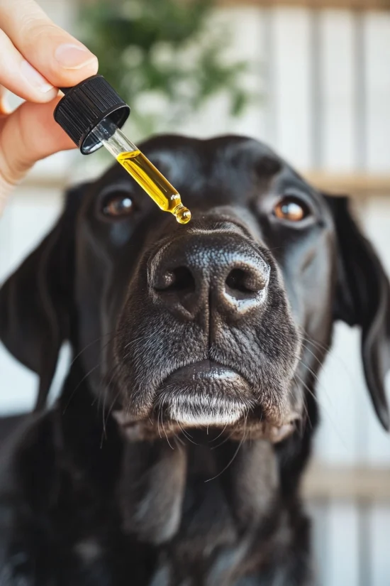 Black dog with Pet CBD oil dropper held above its nose.