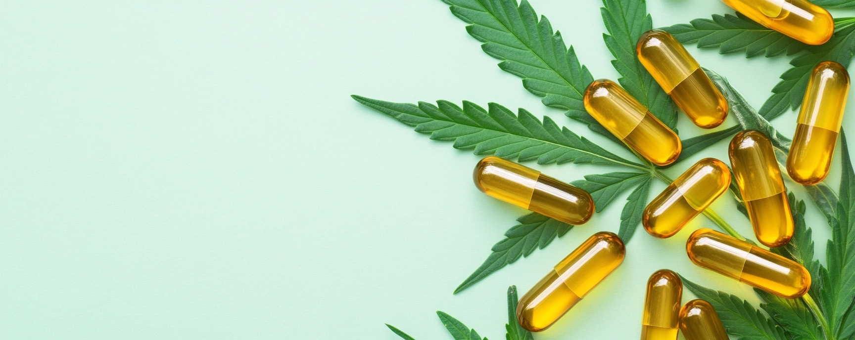 CBD capsules scattered on cannabis leaves with light green background.