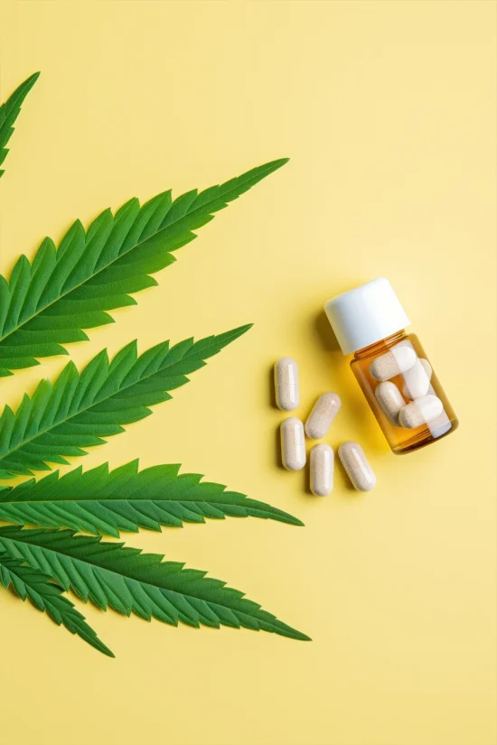CBD capsules and amber bottle beside cannabis leaves on yellow background.
