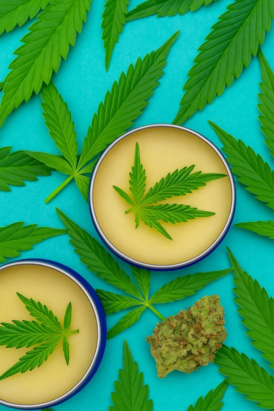 Top view of CBD cream jar on blue background with scattered cannabis leaves