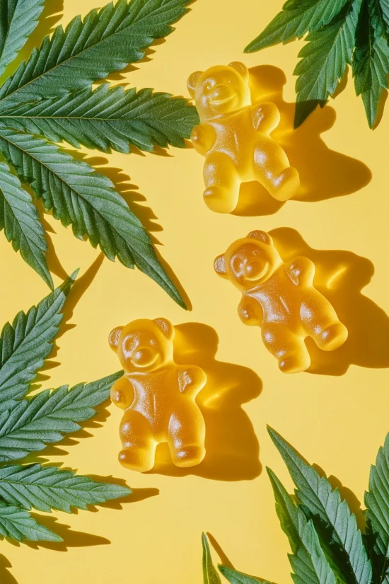 CBD gummies shaped like bears with cannabis leaves on yellow background.