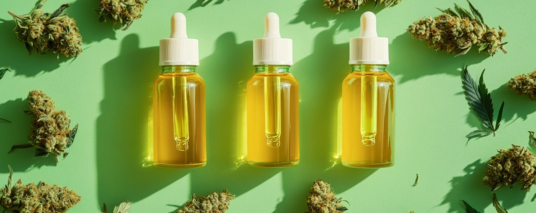 Three Full Spectrum CBD Oil bottles with droppers surrounded by cannabis buds