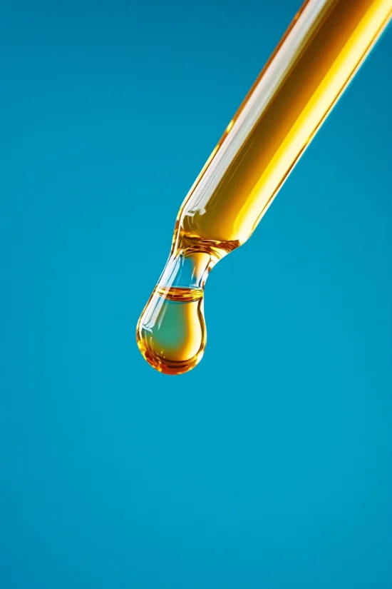 Close-up of dropper with golden Full Spectrum CBD Oil drop on blue background