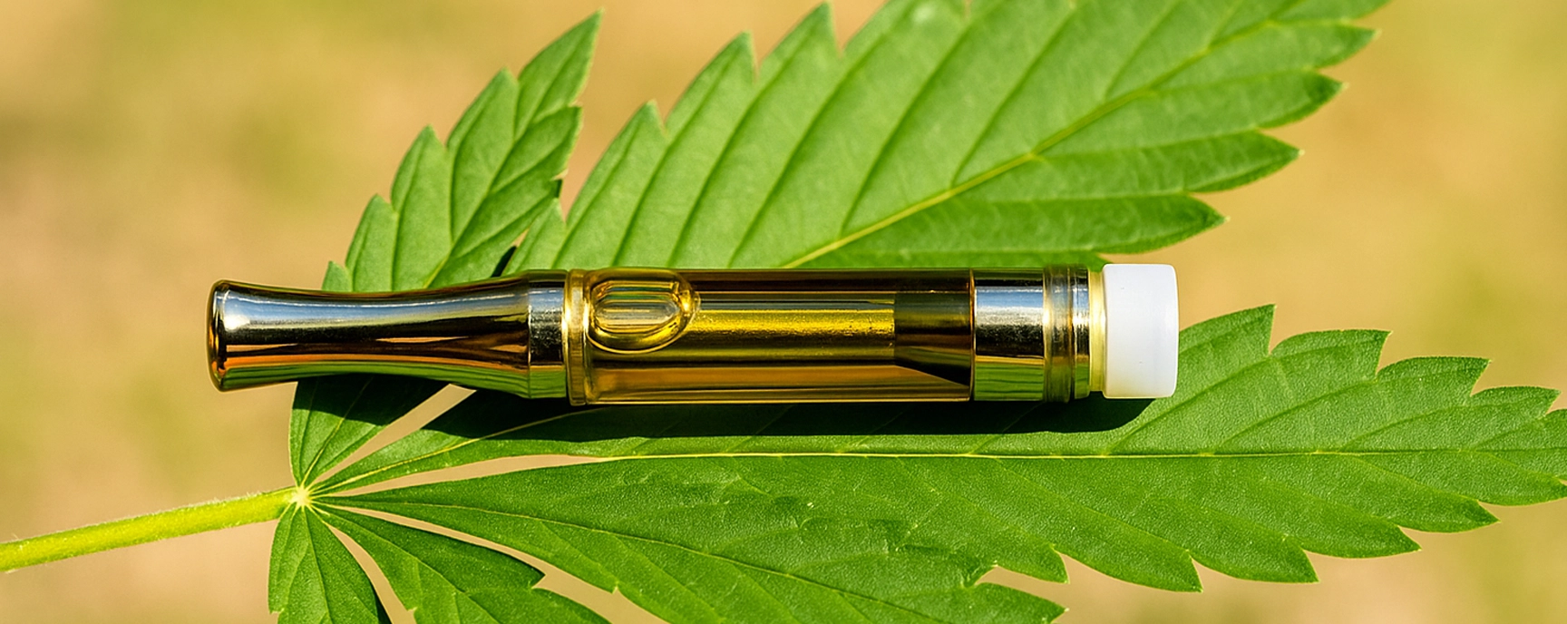 CBD vape pen resting on a fresh green cannabis leaf outdoors