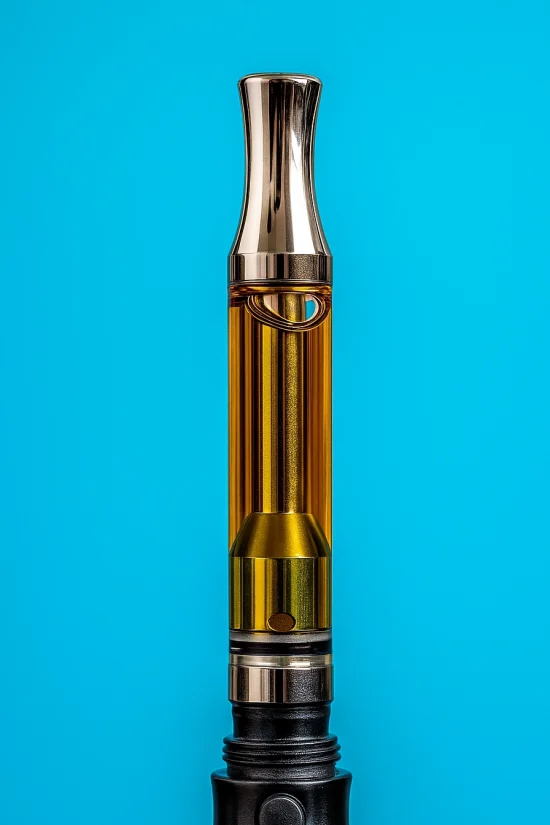 Close-up of a CBD vape pen against a bright blue background