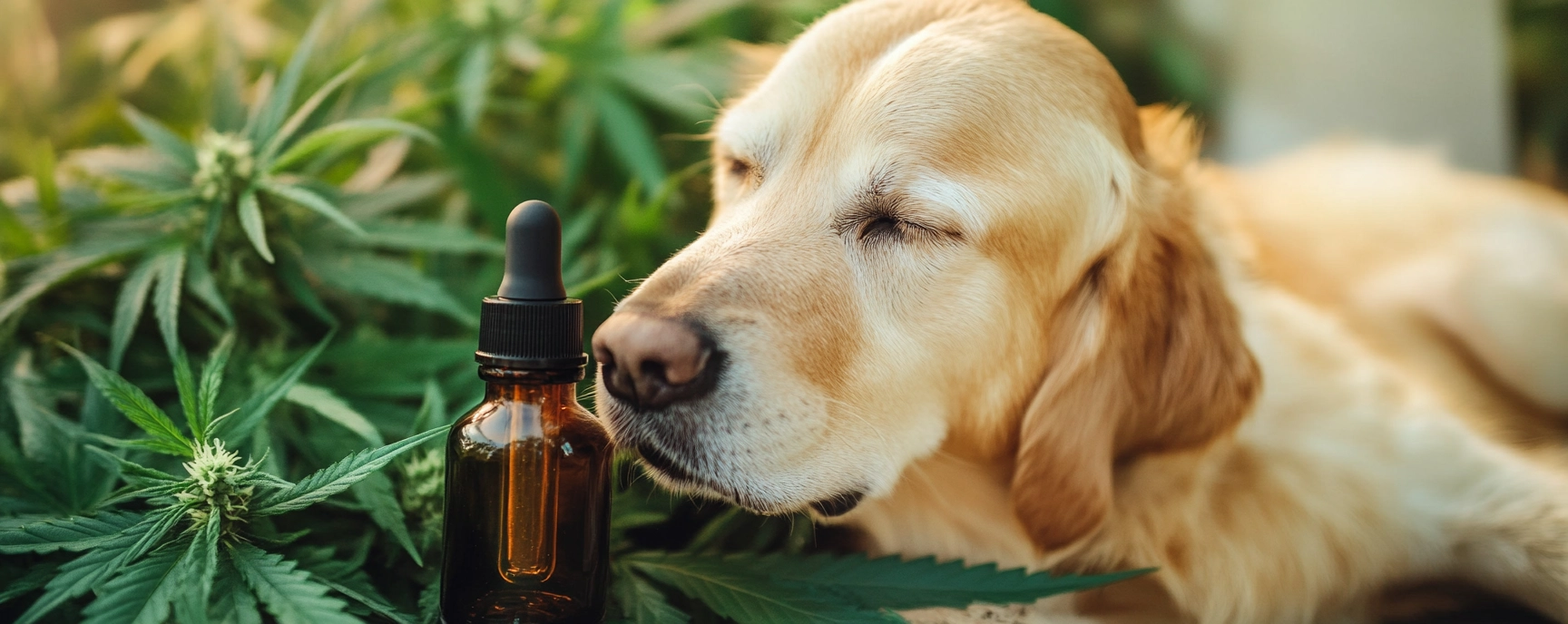 Golden retriever resting near cannabis leaves and CBD oil for dogs bottle.