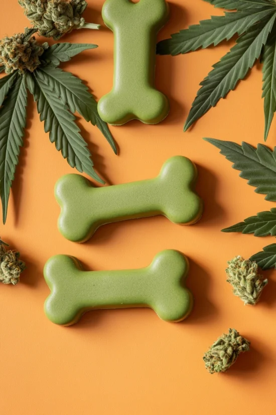Green dog bone treats with cannabis leaves representing CBD for dogs.