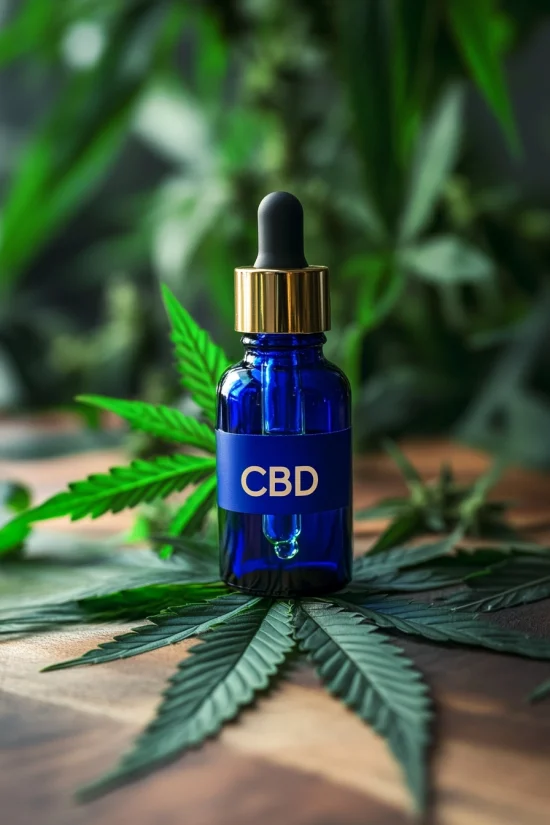 CBD tincture bottle with gold dropper on cannabis leaves.