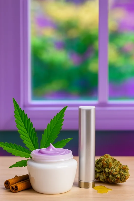 CBG cream jar with cinnamon, cannabis leaf, and colorful window background