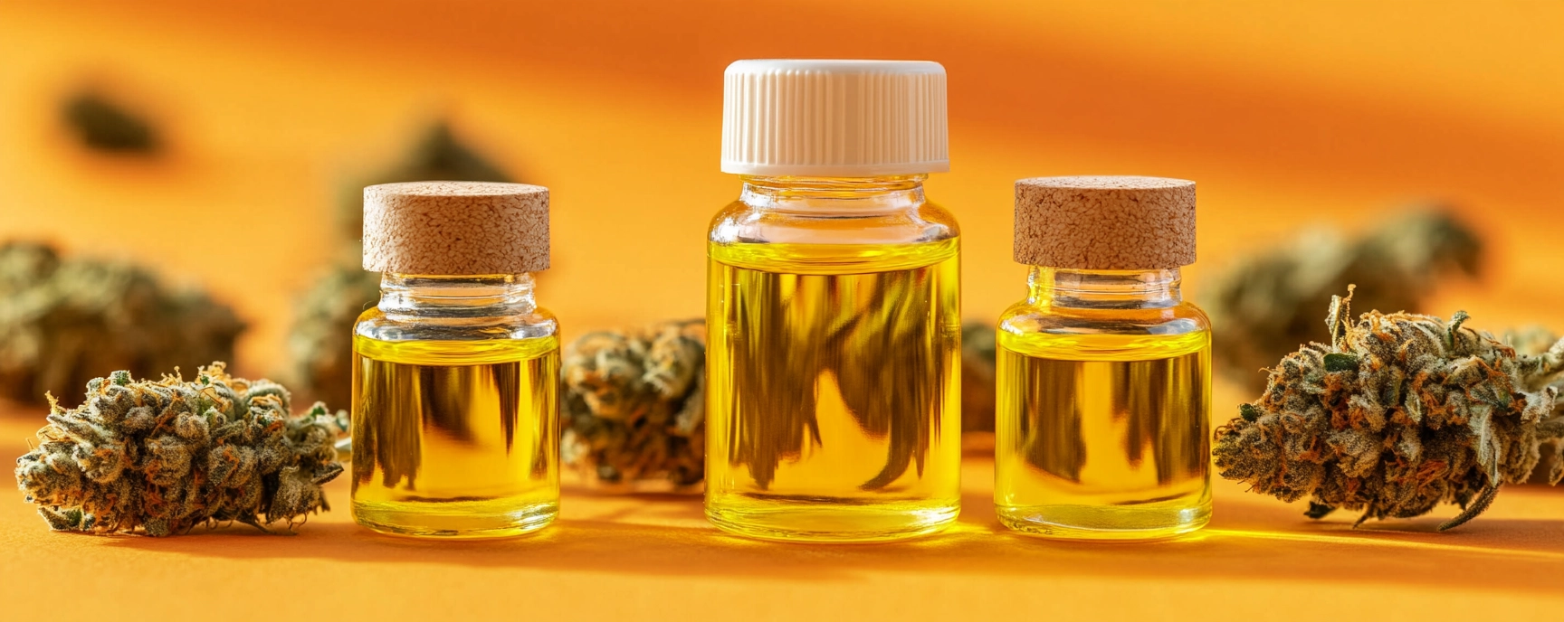 CBG oil bottles surrounded by cannabis buds on an orange background.