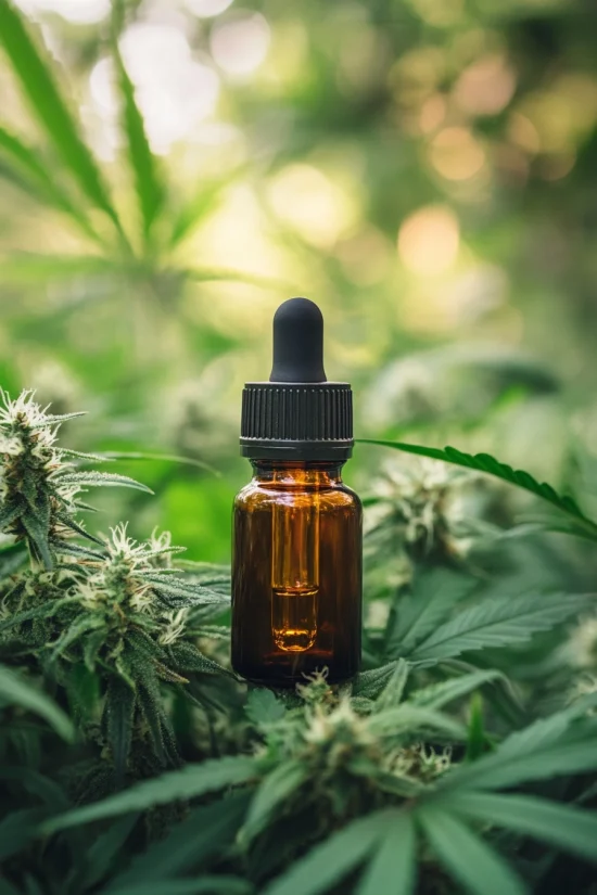 CBG dropper bottle placed among mature cannabis plants outdoors.