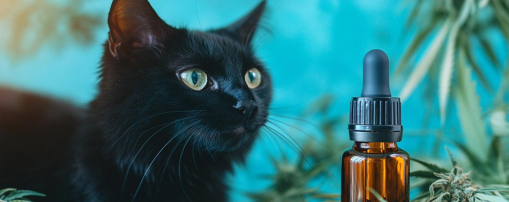 Black cat next to amber CBD dropper bottle promoting CBD for cats.