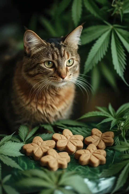 Tabby cat with flower-shaped CBD for cats treats and cannabis leaves.