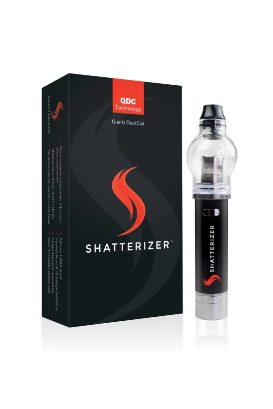 Shatterizer dab pen and packaging with quartz dual coil on white background.