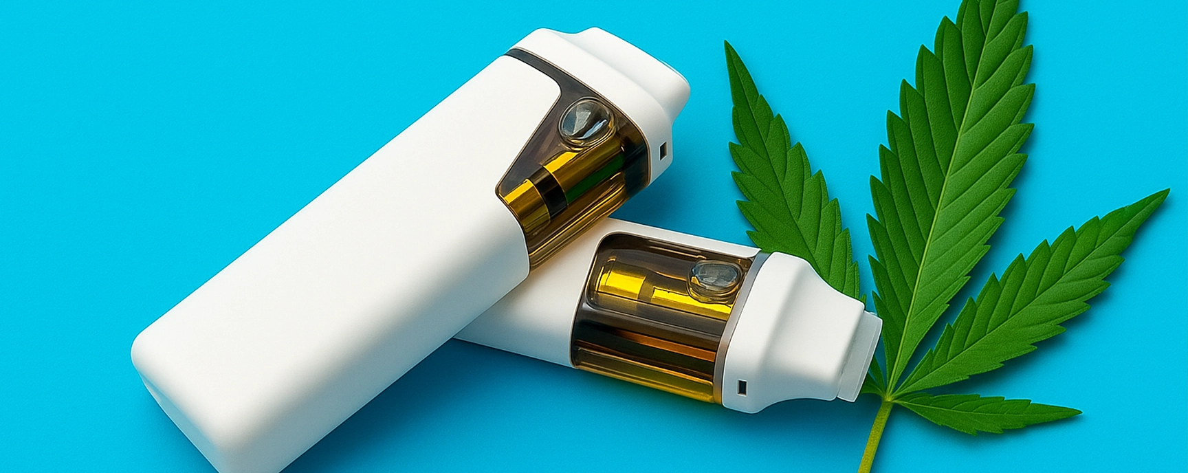 Two white disposable weed pens with golden cartridges on a bright blue background next to a cannabis leaf