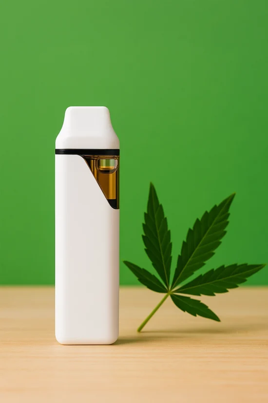 White disposable weed pen standing upright on a wooden table with a cannabis leaf and green background