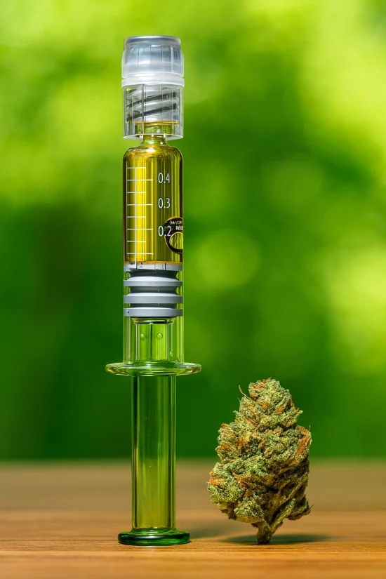 THC distillate vape refill syringe standing upright beside a dried cannabis bud on a wooden table with a green background