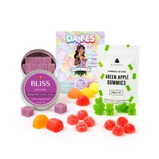 Fun flavour THC gummy sampler featuring Bliss Juicy Grape, Dames Mixed Fruit, and Buudabomb Green Apple Gummies with assorted shapes and colors on a white background.