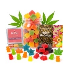 High THC gummy bundle featuring Bliss Sweet Escape, MOTA Magnum, and MOTA Jellies with assorted colourful gummies in a jar, cannabis leaves, and scattered edible shapes on a white background.