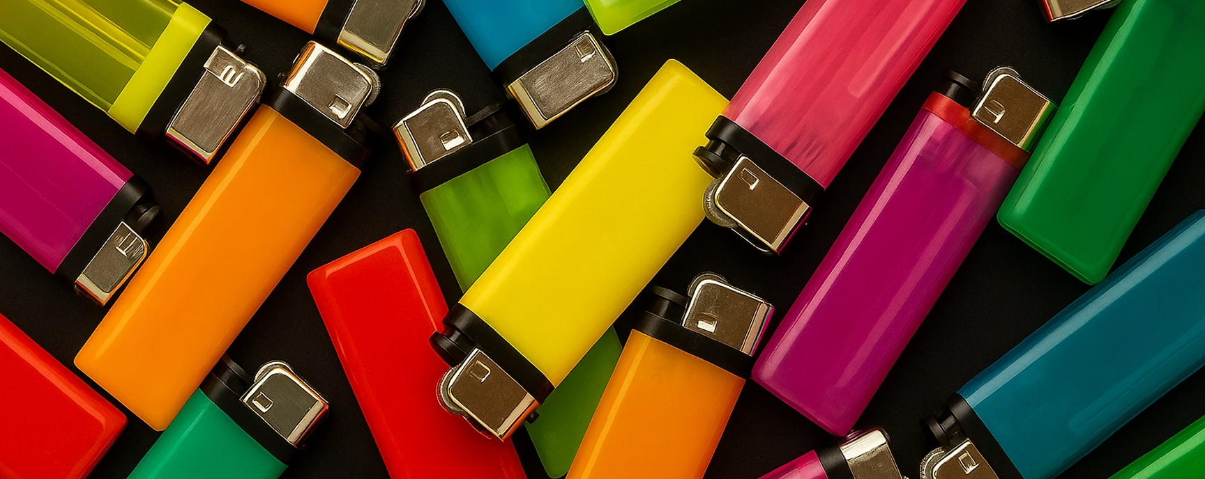 Scattered colorful disposable lighters on a dark background.